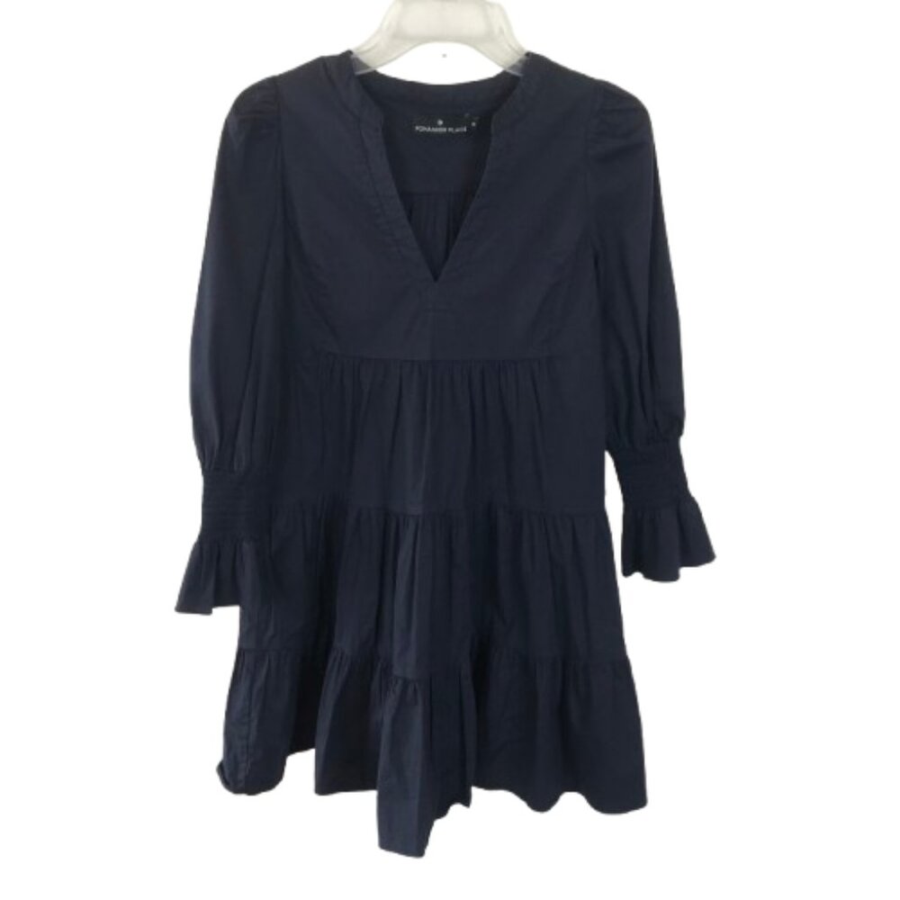 Pomander Place Womens Size XS Navy Blue Cotton Poplin Kenzo Tiered Mini Dress - Picture 6 of 10
